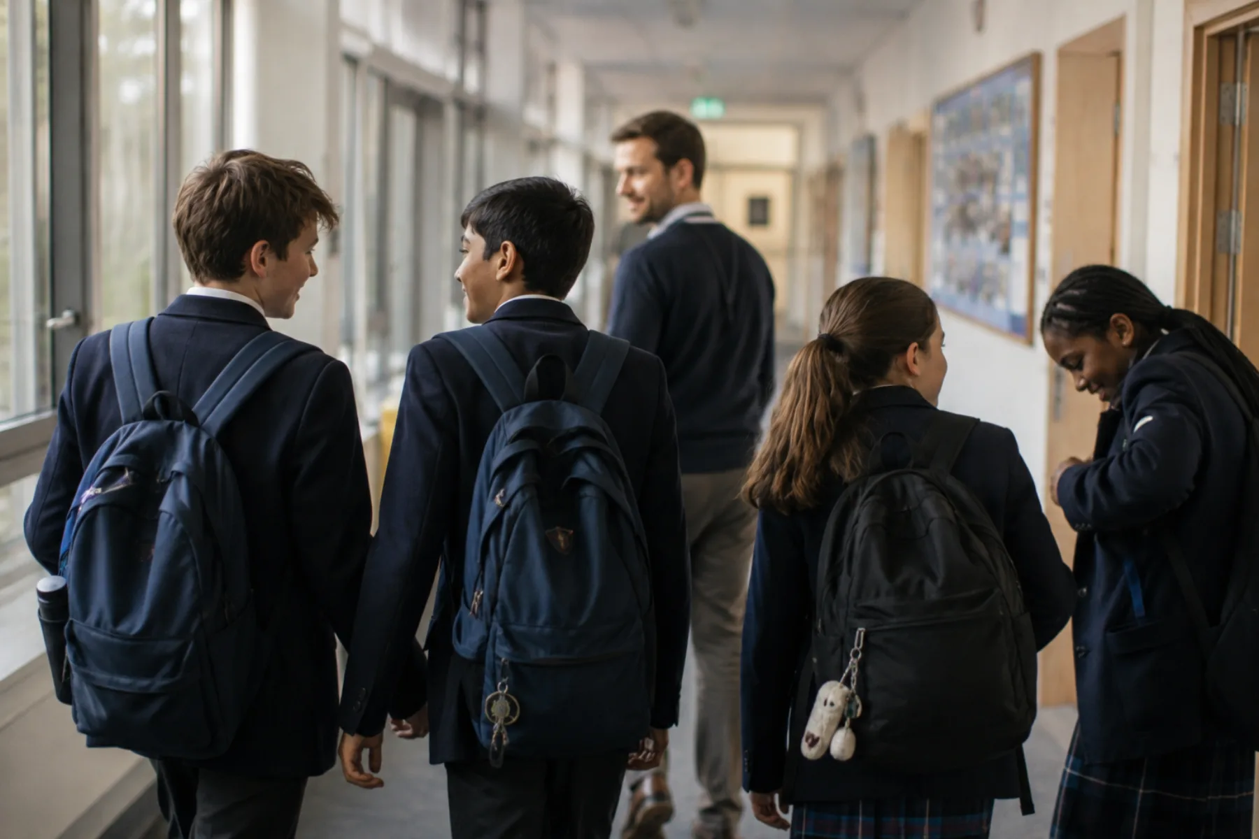 Four secondary students in blazers with backpacks walking down a school corridor, chatting and smiling, a teacher a few steps ahead.